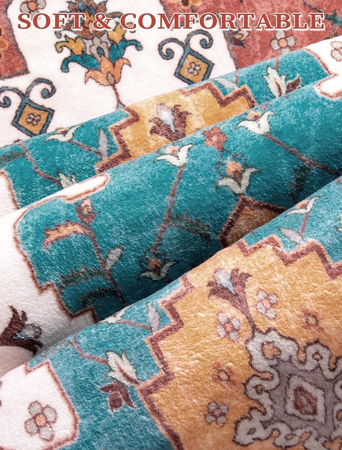 SERISSA Boho Washable Runner Rug, 2'6"x10' Long Non-Slip Vintage Orange Hallway Kitchen Stair Runner Rug Ultra Soft Print Distressed Floor Carpet for Bedroom Bathroom Laundry Room