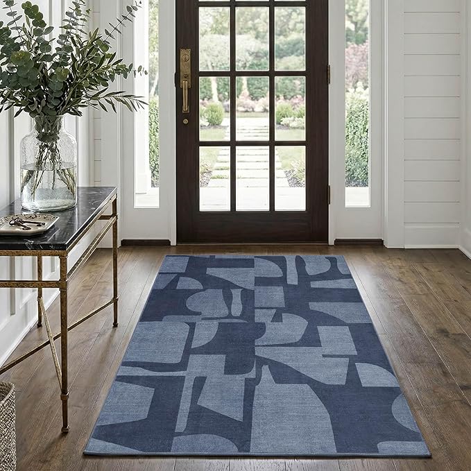 Latte&Fog 3x5 Entryway Rug Indoor, Modern Abstract Washable Area Rug, Boho Non Slip Low Pile Throw Carpet for Indoor Bedroom Bedside, Kitchen, Entry and Living Room - Navy Blue