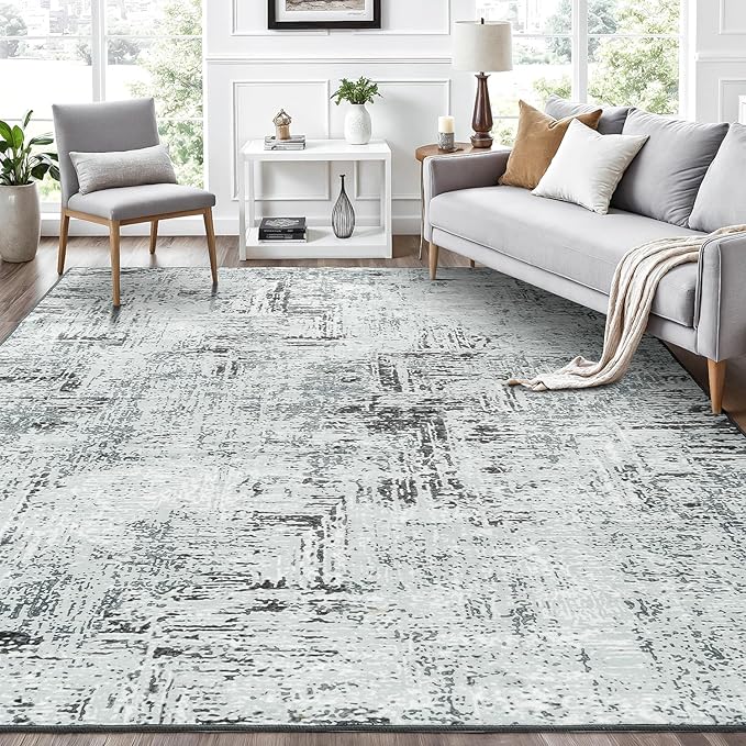 Rugflix 5x7 Washable Area Rugs, Neutral Boho Carpet Living Room Rug Non Slip Stain Resistant, Large Area Rug for Indoor Bedroom Dining Room Office, Blue/Grey