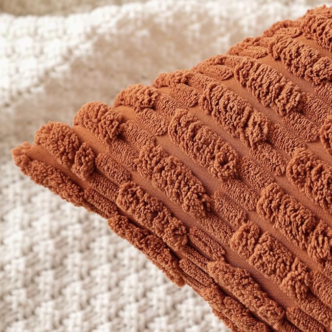 MIULEE Pack of 2 Dark Rust Corduroy Decorative Pillow Covers 18x18 Inch Soft Boho Striped Throw Pillow Covers Modern Farmhouse Home Decor for Summer Sofa Living Room Couch Bed