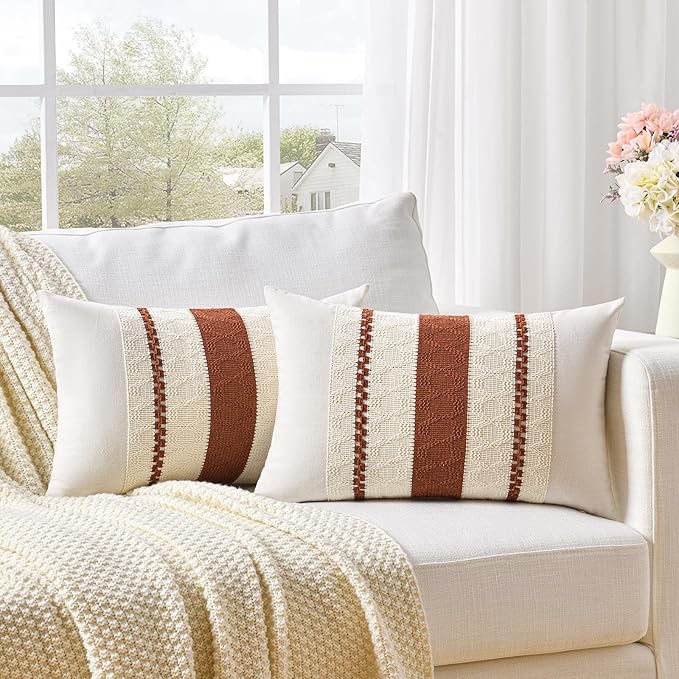 Fancy Homi Set of 1 Rust Boho Long Lumbar Decorative Throw Pillow Cover 12x20 Inch for Couch Bed Sofa, Aesthetic Modern Organic Fall Room Decor, Soft Cotton Cute Terracotta Farmhouse Cushion Case