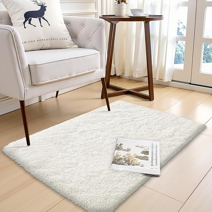 OLANLY 2x3 Machine Washable Small Bedside Rug, Soft Fluffy Shaggy Entryway Throw Rugs for Bedroom, Living Room, Indoor Floor Carpet for Kids Girls and Boys, Nursery Rooms, Home Decor Aesthetic, Ivory