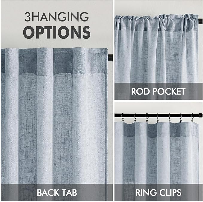 MIULEE Chambray Blue Linen Curtains 108 Inches Long 2 Panels for Bedroom Living Room, Soft Linen Textured Window Drapes Semi Sheer Light Filtering Back Tab Rod Pocket Farmhouse Burlap Look Decor