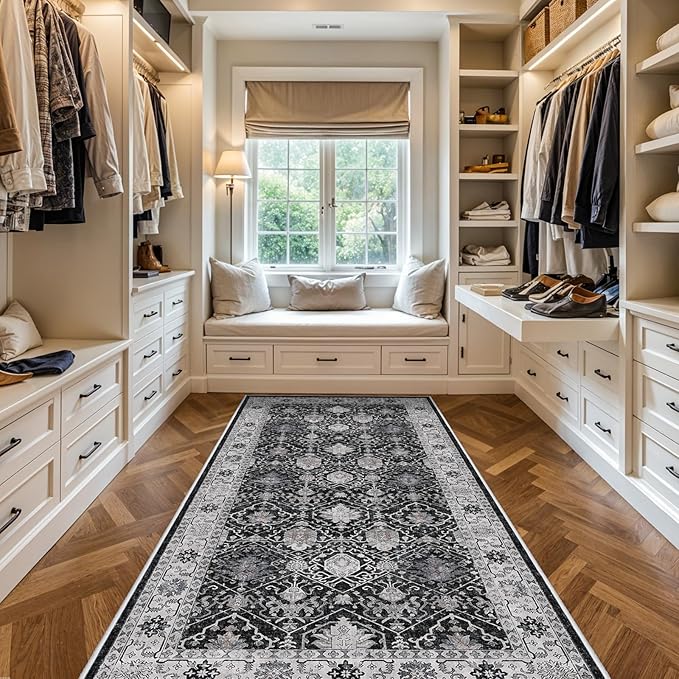 Washable 4x8 Hallway Runner Rug: Vintage 8ft Soft Runners for Entry Living Room Wide Low Pile Carpet with Non-Slip Backing for Kitchen Bedroom Thin Stain Resistant Floor Mat for Dining Room(Black,4x8)
