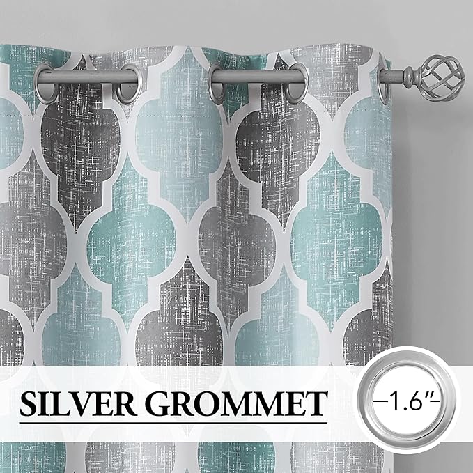 Beauoop 100% Blackout Curtains 84 Inches Long for Patio Sliding Door Aqua Grey Extra Wide Moroccan Geo Room Darkening Thermal Soundproof Room Divider Grommet Window Treatment Drapes,100x84 Set of 1