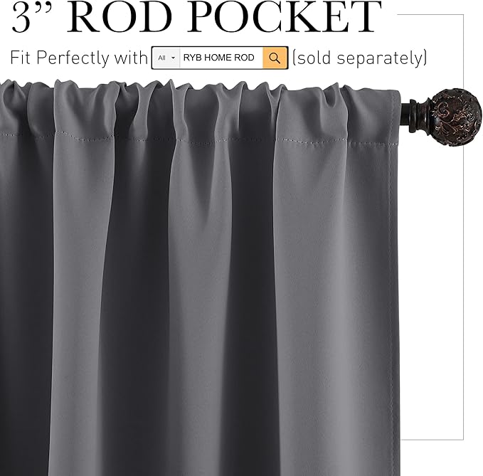RYB HOME 54 inch Blackout Curtains for Living Room, Rod Pocket Thermal Insulated Small Window Drapes Room Darkening Shades for Bedroom Studio Dorm, W 42 x L 54 inch, Set of 2 Panels, Grey