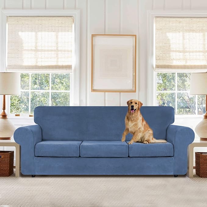 WEERRW Velvet Plush Fabric 4 Pieces Sofa Covers for 3 Cushion Couch with Elastic Bottom Straps in Light Blue