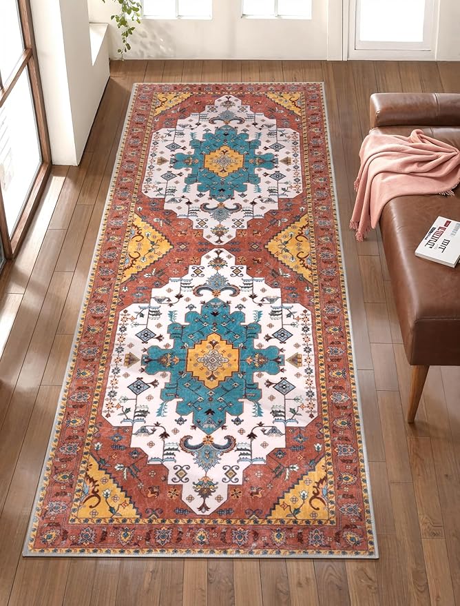 SERISSA Boho Washable Runner Rug, 2x5 Rug Non-Slip Vintage Orange Hallway Kitchen Runner Rug Ultra Soft Print Distressed Floor Carpet for Bedroom Bathroom Laundry Living Room
