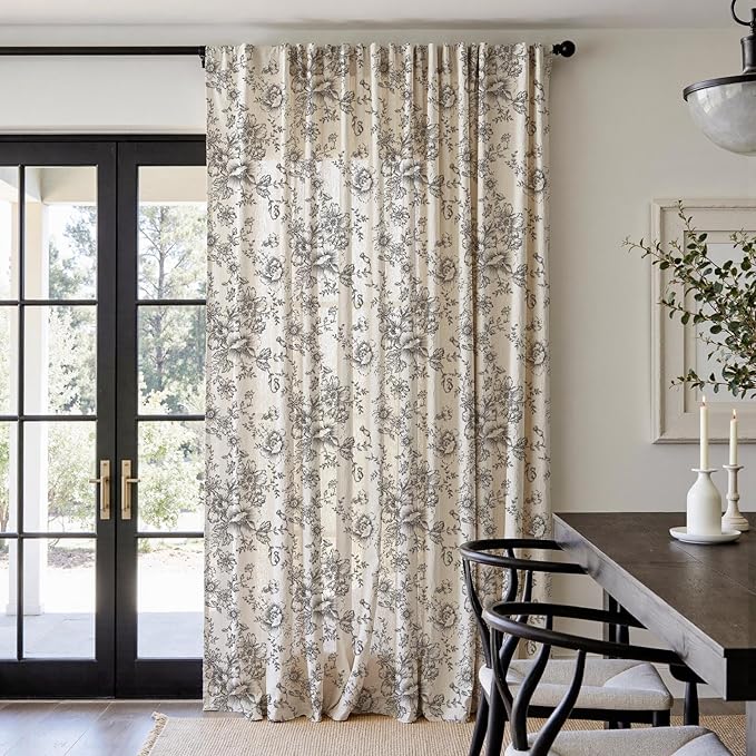 jinchan Linen Floral Curtains Extra Wide for Patio Sliding Glass Door Room Divider Curtain for Living Room 96 Inch Length Farmhouse Peony Black Printed Curtain Set 1 Panel