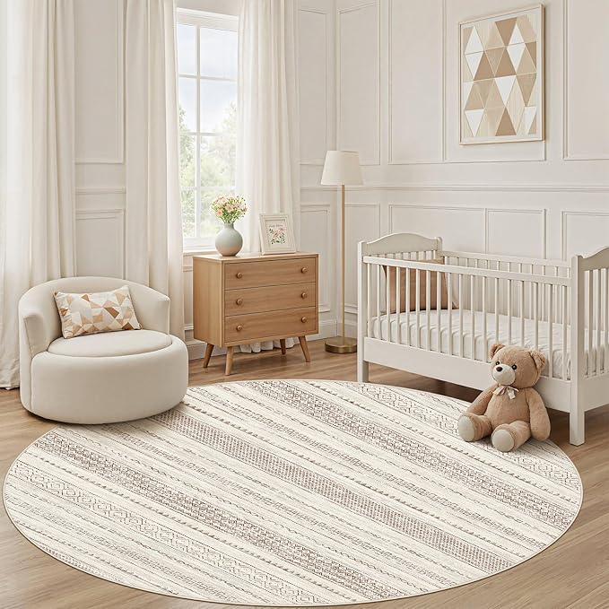 Nakagishi Round Rug Boho Area Rugs: 5x5 Washable Large Circle Neutral Soft Stain Resistant Non-Slip Carpet for Women Aged 25-45 Farmhouse Decor Enthusiasts - Living Room Bedroom Dining Room Nursery