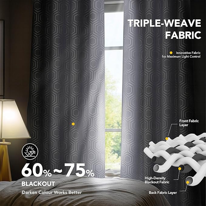 Deconovo White Curtains, Room Darkening Living Room Curtain, Thermal Insulated Soundproof Drapes, Hexagon Silver Print Pattern, 52 x 72 Inch, Grommet Panel for Bedroom Kitchen Office Nursery, Set of 2