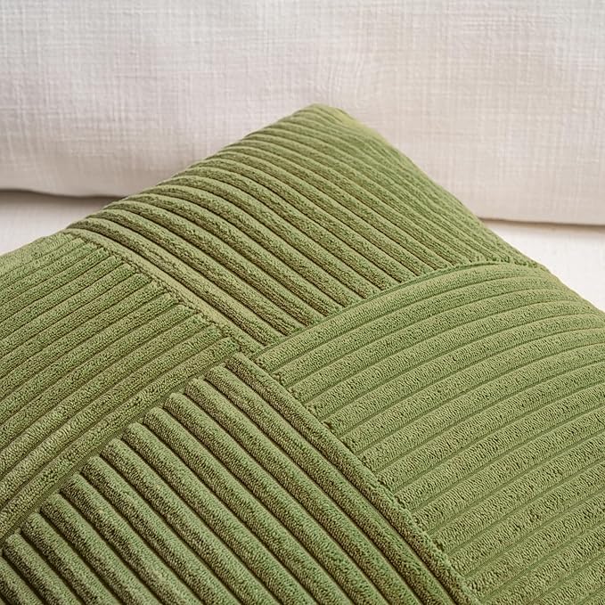 Fancy Homi 2 Packs Moss Green Lumbar Decorative Throw Pillow Covers 14x22 Inch for Living Room Couch Bed, Rustic Farmhouse Boho Home Decor, Soft Striped Corduroy Rectangle Accent Cushion Case 35x55 cm