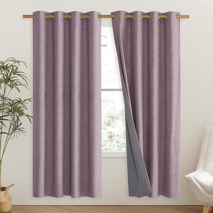 NICETOWN Chaise Mauve Vintage Linen 100% Blackout Curtains for Living Room, Thermal Insulated Curtains 72" Long, Noise Reducing Window Treatment Drapes for Hall Room, 52" Wide Per Panel, Set of 2