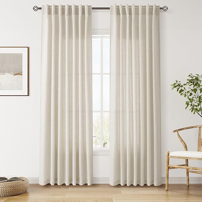 Nanspring Vanilla Linen Curtains 84 Inches Long for Living Room Light Filtering Semi Sheer Curtain Back Tab Modern Farmhouse Decor Elegant Luxury Coastal Drapes for Bedroom Office 52x84,2 Panels
