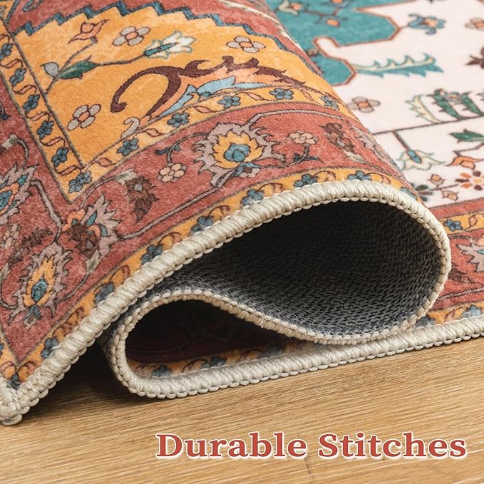 SERISSA Area Rug 4x6 Boho Rugs for Bedroom, Vintage Orange Washable Non Slip Rug, Ultra Soft Print Distressed Low-Pile Throw Rug Carpet for Nursery Dorm Kitchen Living Room Decor