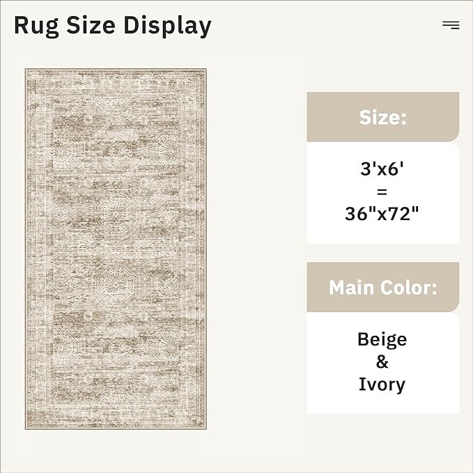 Runner Rug 3x6 Washable Non-Slip Kitchen Runner Rugs for Bathroom Laundry Room Brown Vintage Floor Carpet Runners for Hallway Entryway