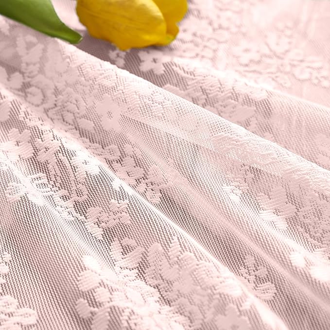 YJ YANJUN Vintage Lace Curtains 36 inch Length 2 Panels - Short Pink Sheer Curtains for Girls Room, Cute Flower Cafe Net with Scalloped Edges, Privacy Blinds Shade for Kitchen Living Room, W26 x L36