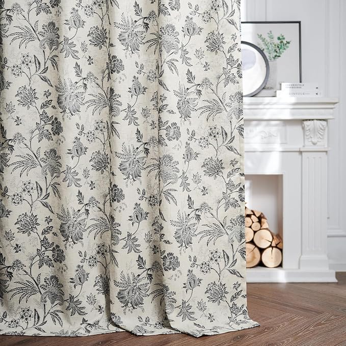 jinchan Linen Floral Curtains for Living Room with Printed Flower 63 Inches Long Light Filtering French Country Back Tab Rod Pocket Black Window Curtain Set Farmhouse Drapes 2 Panels Black
