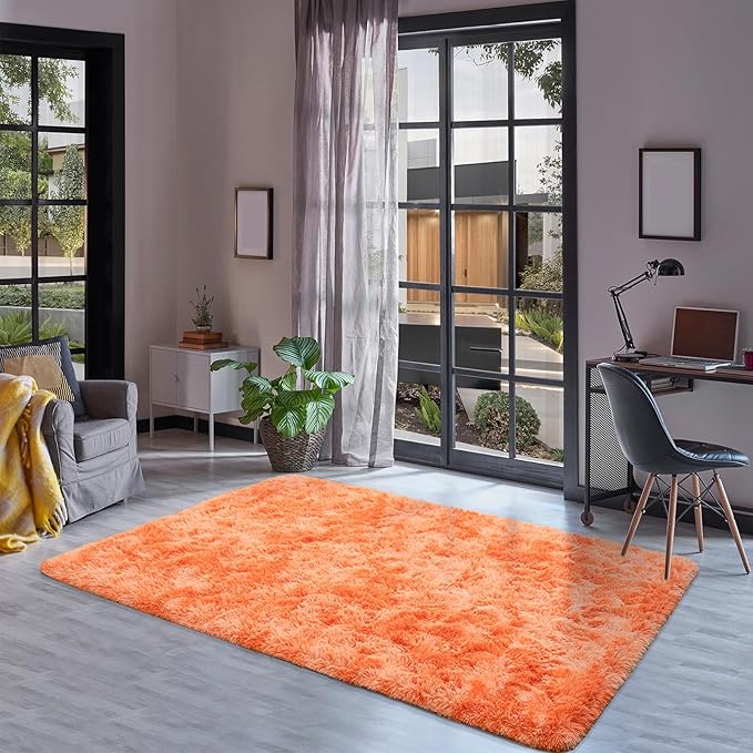 Goideal Fluffy Rug for Bedroom Living Room, 4x6 Orange Area Rugs, Faux Fur Shag Modern Carpet Ultra Soft Girls Boys Room Home Decor, Tie-Dyed