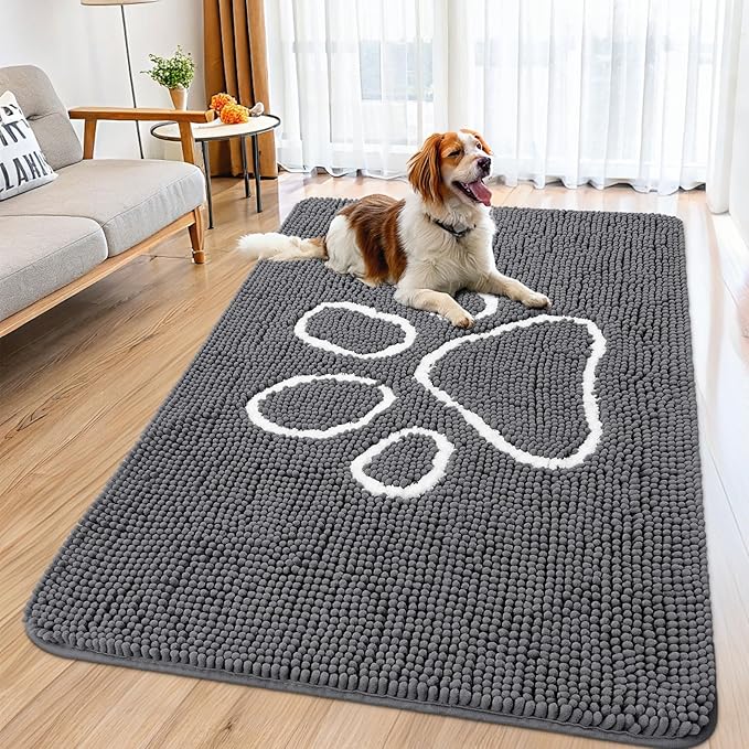 Smiry Dog Door Mat for Muddy Paws, Absorbent Dirt Trapper Non Slip Quick Dry Washable Chenille Mat for Mud Dogs, Entry Rug for Indoor and Outdoor (59x32 Inches, Dark Grey and White)