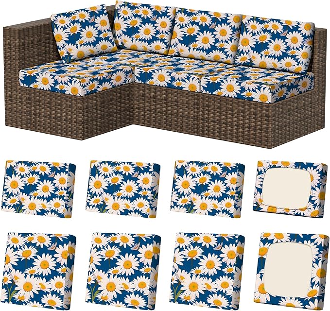 8Pcs Stretch Patio Cushion Covers, Outdoor Couch & Sofa Replacement Slipcovers for Patio Furniture Cushion Covers, Washable Reusable Furniture Protector