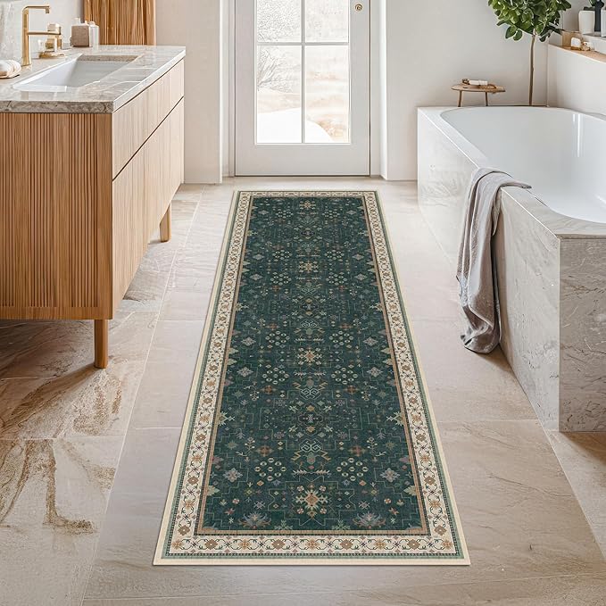 Hazo Haus Vintage 2x7 Washable Runner Rug Non Slip for Kitchen, Bathroom, Hallway - Low Pile Stain Resistant 7ft Long Runner Rugs - Victorian Eclectic Floral Pastel Home Decor (2x7 Dark Green)