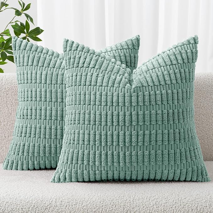MIULEE Pack of 2 Corduroy Decorative Throw Pillow Covers 18x18 Inch Soft Boho Striped Pillow Covers Modern Farmhouse Home Decor for Summer Sofa Living Room Couch Bed Teal Green