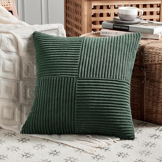 Fancy Homi Set of 2 Dark Green Decorative Throw Pillow Covers 22x22 Inch for Living Room Couch Bed, Boho Farmhouse Forest Green Home Decor, Soft Corss Corduroy Patchwork Textured Cushion Case