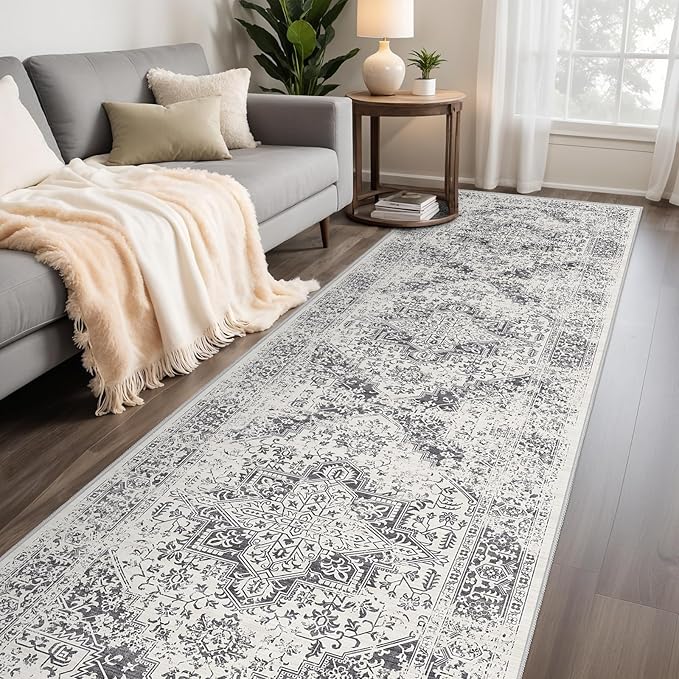 Hallway 3x10 Runner Rug - Vintage Non-Slip Long Rug for Entryway Low-Pile Washable Medallion Runner Rugs for Hallway Waterproof Traditional Runner Rug Indoor Thin Rug for Kitchen (Grey)