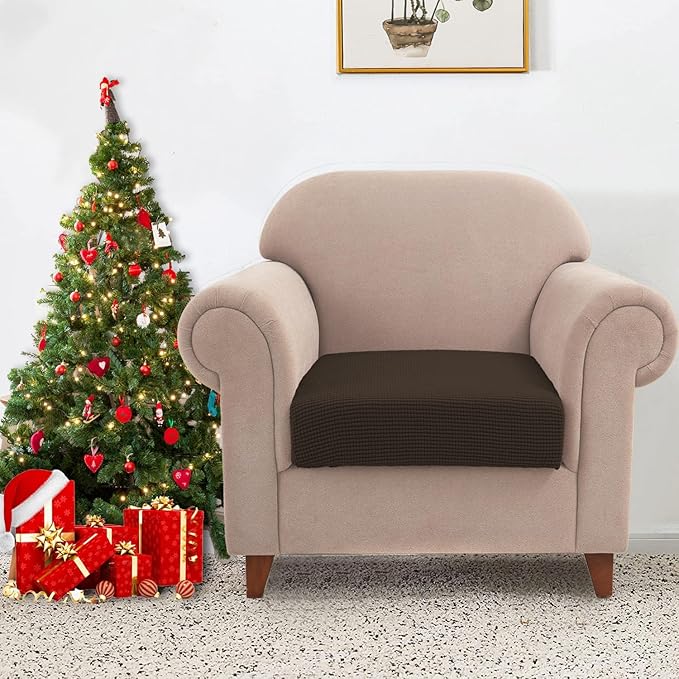 Water-Repellent Sofa Cushion Covers Jacquard High Stretch Fabric Furniture Protector for Living Room, Washable Sofa Seat Slipcover, 1 Seater (Chair Cushion, Chocolate)