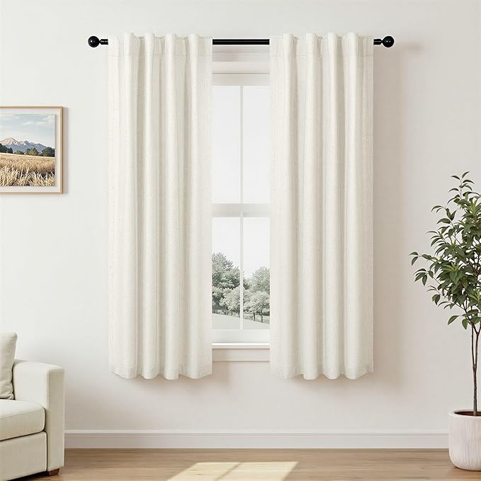 Pitalk 100% Blackout Cream Ivory Linen Curtains 48 Inches Long Linen Textured Living Room Kitchen Curtains Full Room Darkening Black Out Short Curtain for Bedroom Window 2 Panels 36 x 48 Inch Length