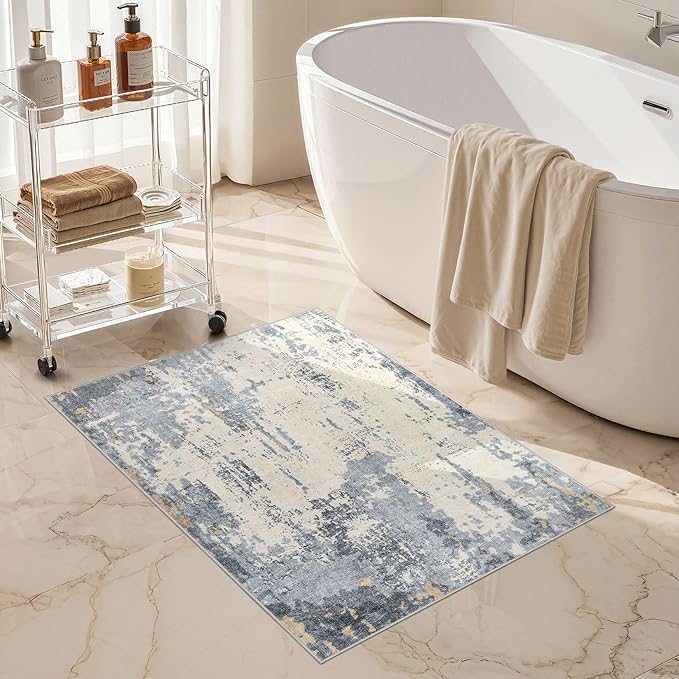 UERMEI 2x3 Entryway Area Rug: Washable Neutral Modern Abstract Small Rug - Non-Slip Low Pile Throw Indoor Carpet for Entrance Kitchen Front Door Mat Bathroom Entry Kids Room - Blue/Light Brown