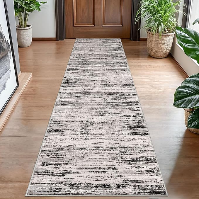 Lansny Modern Abstract Hallway Runner Rug, White Black Grey Taupe Washable Kitchen Runner Non-Slip Soft 2x8 Runner Rug Thin Print Faux Wool Carpet for Entryway Bedroom Laundry Room Indoor Home Decor