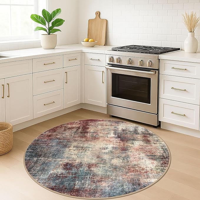 IOHOUZE Round Area Rug 5 Ft Circle Entryway Rugs Round Washable Door Mat Indoor Entrance, Non Slip Circle Front Door Rug, Printed Abstract Faux Wool Floor Carpet for Foyer Porch Sink, Red/Multi