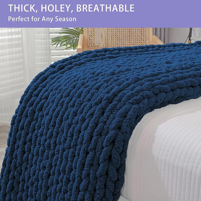 Bigacogo Chunky Knit Throw Blanket for Couch, 40x60 inches, 100% Hand Knitted with Thick Jumbo Chenille Yarn, Cozy Soft Large Rope Knot Cable Crochet Blankets for Sofa Bed Living Room, Navy Blue