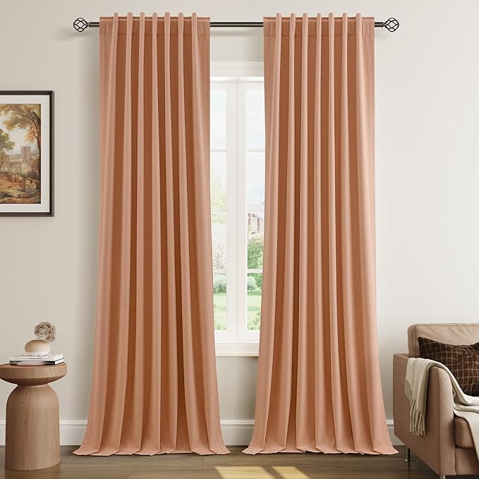 Guken 100% Blackout Curtains 120 Inch Length 2 Panels Set for Living Room Bedroom Back Tab Thermal Insulated Black Out Linen Drapes Room Darkening Peach Quartz,52x120
