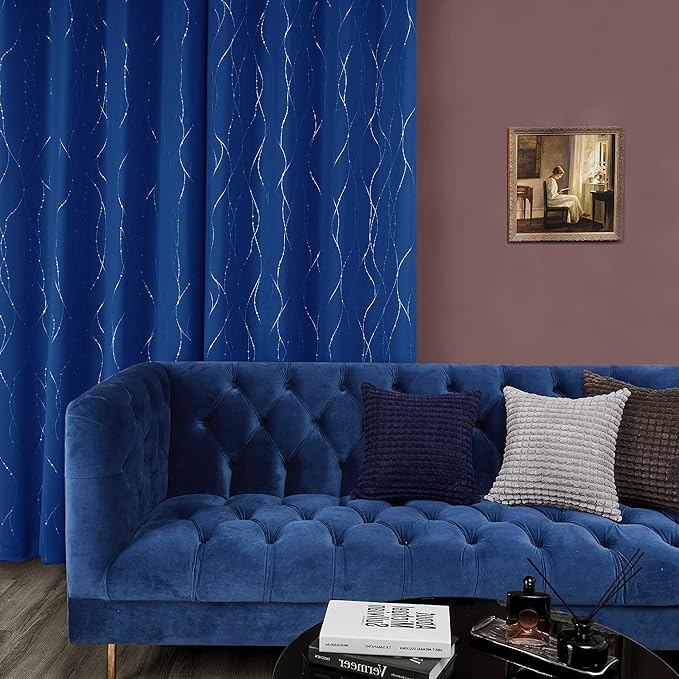 Deconovo Blackout Curtains, 38 x 84 Inch Drapes for Living Room with Wave Dots Silver Print, Soundproof Thermal Insulated Window Curtain for Bedroom Nursery, Set of 2, Machine Washable, Royal Blue