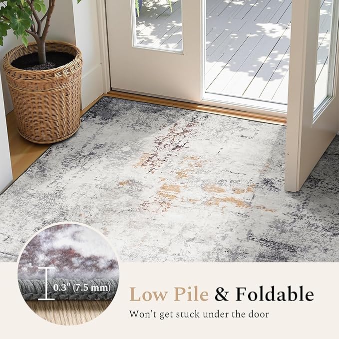 Rugflix 8x10 Area Rugs for Living Room, Washable Large Rug Stain-Resistant Low Pile, Modern Neutral Carpet for Dining Room Home Office Kid Room Nursery Bedroom, Grey Brown
