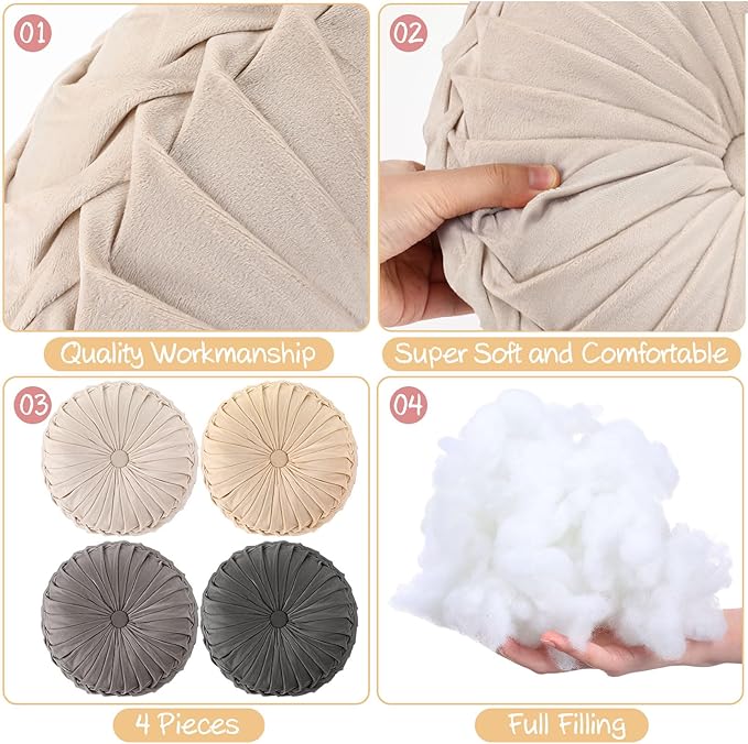 Kathfly Set of 4 Decorative Round Pleated Throw Pillows, Classy Velvet Pumpkin Round Throw Pillows, Decorative Floor Pillow for Bed Chair Home Sofa Decor, 14" Diameter(Multicolor)