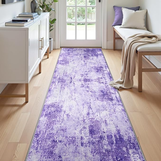 Washable Area Rugs 2'x10' Non-Slip Modern Abstract Soft for Living Room Entryway Bedroom Nursery, Print Pattern, Purple Gray Pink White