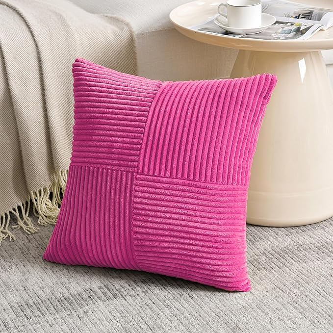 Fancy Homi 2 Packs Hot Pink Decorative Throw Pillow Covers 16x16 Inch for Living Room Couch Bed Sofa, Rustic Farmhouse Boho Home Decor, Soft Corss Patchwork Corduroy Textured Cushion Case 40x40 cm