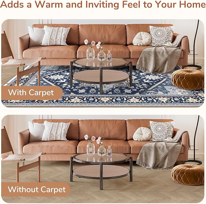 OPPODREAM Soft Round Rug 5ft, Washable Circle Rug 5ft with Non Slip Backing Play Room, Low-Pile Carpet 5 ft, Faux Cashmere Throw Carpet, Navy Blue & Gold