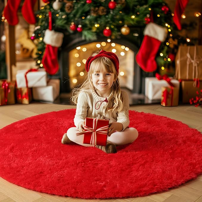 Red Round Rug 4Ft for Bedroom, Fluffy Shag Circle Area Rugs for Kids Room Decor Aesthetic, Fuzzy Plush Fur Carpets for Living Room Nursery Dorm Classroom, Red Carpet, Christmas Rugs for Teen Boys