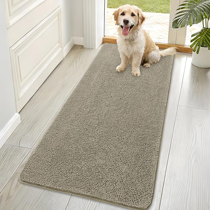 OLANLY Dog Door Mat for Muddy Paws 70x35, Absorbs Moisture and Dirt, Absorbent Non-Slip Washable Doormat, Quick Dry Chenille Mud Mat, Entry Indoor Entryway Carpet for Inside Floor, Warm Taupe