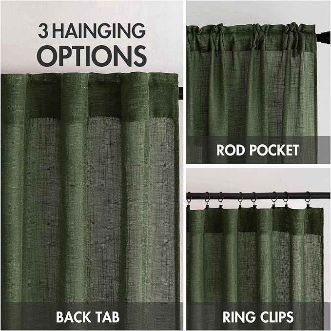 MIULEE Olive Green Linen Curtains 90 Inch Long for Bedroom Living Room, Soft Thick Linen Textured Window Drapes Semi Sheer Light Filtering Rod Pocket Back Tab Christmas Burlap Look, 2 Panels