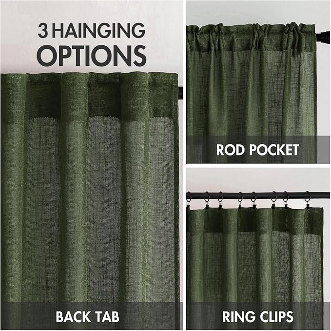 MIULEE Olive Green Linen Curtains 72 Inch Length for Bedroom Living Room, Soft Thick Linen Textured Window Drapes Semi Sheer Light Filtering Back Tab Rod Pocket Burlap Look Christmas Decor, 2 Panels