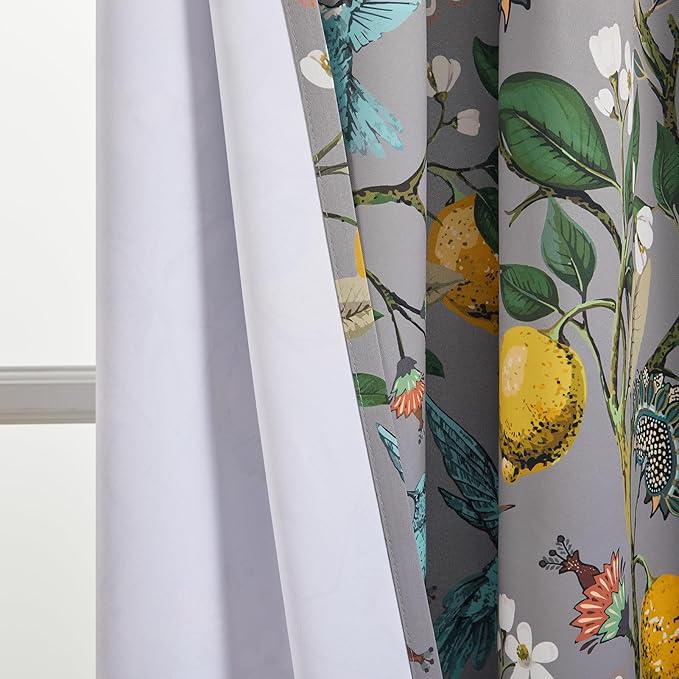 Topfinel 90 Inches Long Curtains, Gray and Yellow Moody Country Anthropologie Cabin Blackout Sun Block Floral Hummingbird Plant Lemon Patterned Grommet Damask Drapes Two Pages for Living Room Office