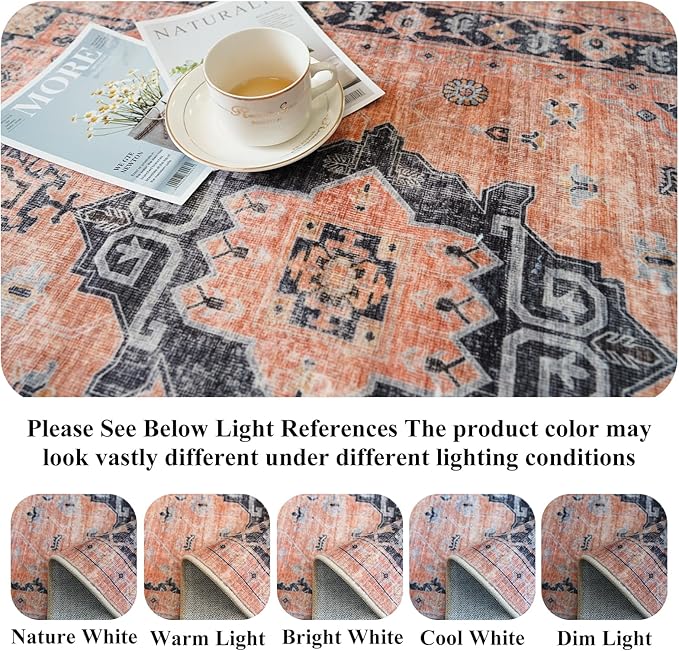 Washable 2x5 Hallway Runner Rug: Indoor Vintage Water Resistant Kitchen Entryway Rug Soft Living Room Bedroom Carpet Thin Low Pile Non Slip Floor Mat for Bathroom Laundry Dining Room(2X5,Orange)