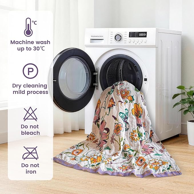 MSGKV Boho Throw Blanket 50"x60" Floral Blanket for Couch Sofa 100% Cotton Spring Breathable Lightweight Farmhouse Blankets All Seasons Home Decor Muslin