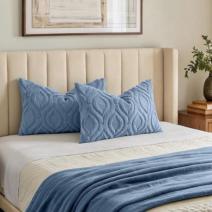 decorUhome Throw Pillow Covers 12x20 Inch Set of 2, Soft Plush Faux Wool Dusty Blue Solid Couch Pillow Covers, Accent Farmhouse Neutral Rectangle Pillow Cases for Sofa Bed Living Room
